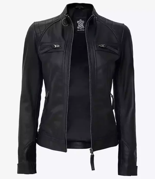 Women Tall Black Quilted Cafe Racer Leather Jacket
