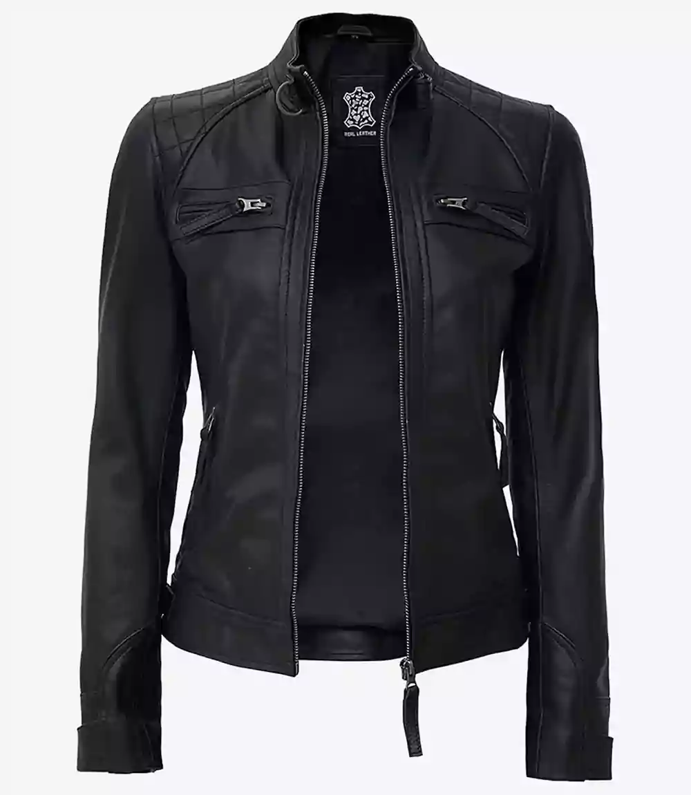 Women Tall Black Quilted Cafe Racer Leather Jacket