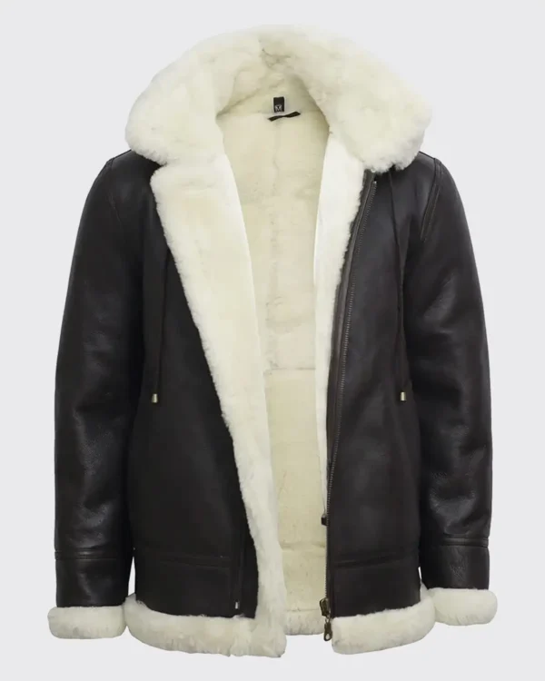 Women B3 Flight Black Aviator Shearling Leather Jacket with Hood