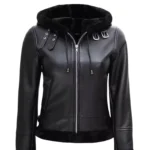 Womens Black Shearling Leather Jacket With Hood