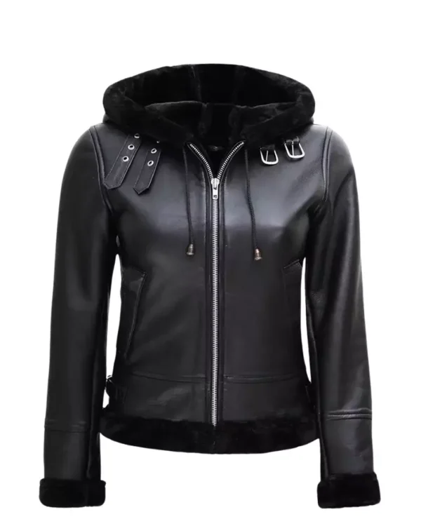 Womens Black Shearling Leather Jacket With Hood