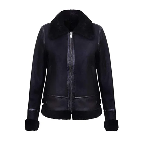 Women's Black Aviator Biker Sheepskin Leather Jacket
