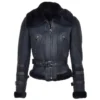 Womens Black Sheepskin Shearling Leather Bomber Jacket
