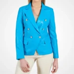 Womens Blue Double Breasted Leather blazer