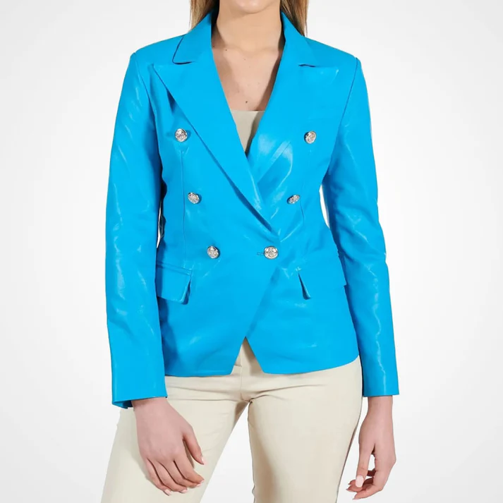 Womens Blue Double Breasted Leather Coat