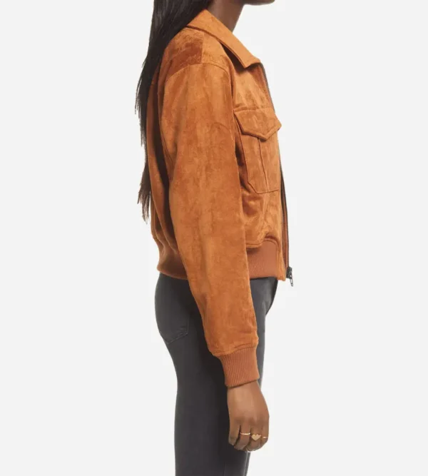 Women Brown Suede Bomber Jacket