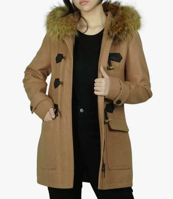 Women's Camel Brown Hooded Shearling Wool Duffle Coat