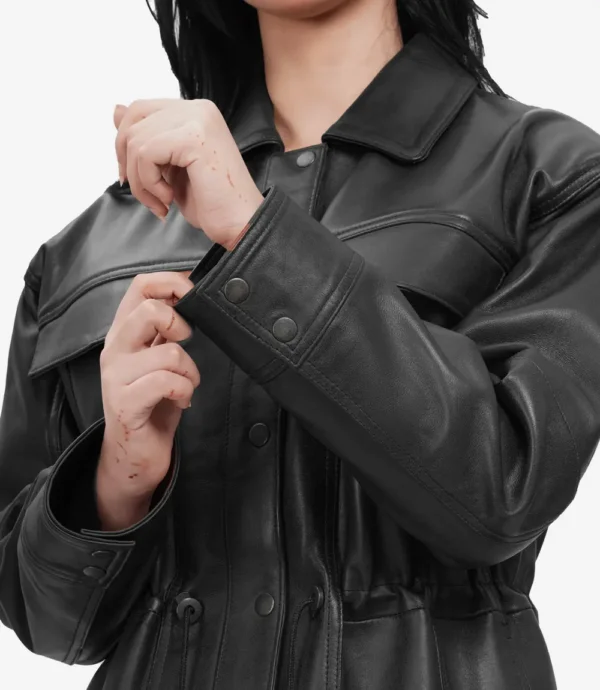 Women's Black Oversized Leather Trucker Jacket