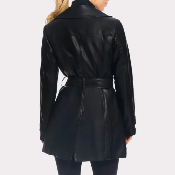 Classic Solid Black Leather Trench Coat For Women