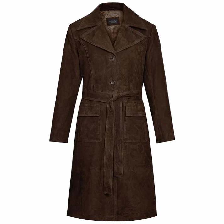 Womens Dark Brown Suede Leather Trench Coat