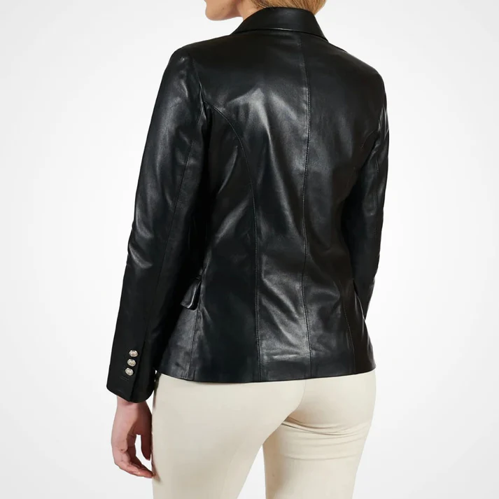 Womens Black Double Breasted Leather Coat