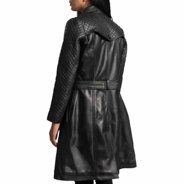 Womens Stylish Black Leather Quilted Trench Coat