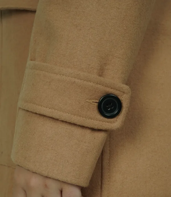 Women's Camel Brown Hooded Shearling Wool Duffle Coat
