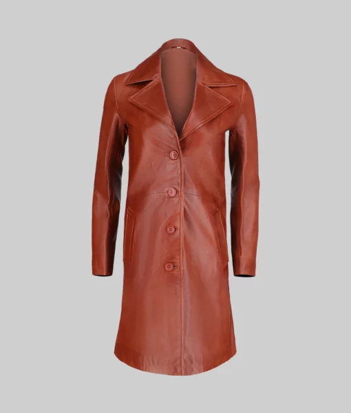 Womens Minimalist Brown Leather Trench Coat