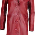 Womens Minimalist Red Leather Trench Coat