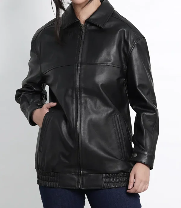Black Womens Oversized Bomber Leather Jacket