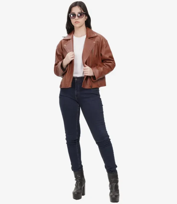 Women's Cognac Oversized Moto Leather Jacket