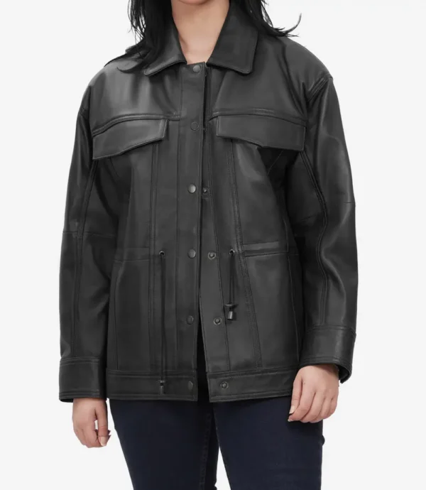 Women's Black Oversized Leather Trucker Jacket