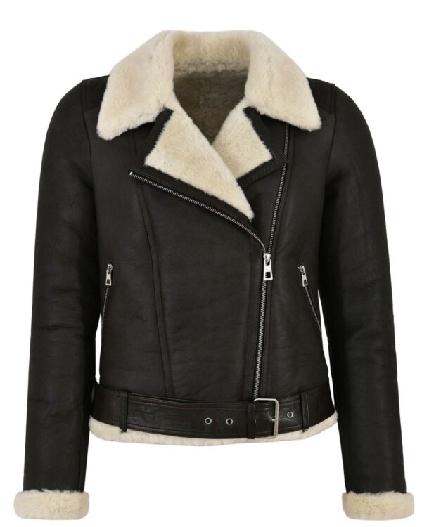 Womens Genuine Leather Shearling Motorcycle Jacket