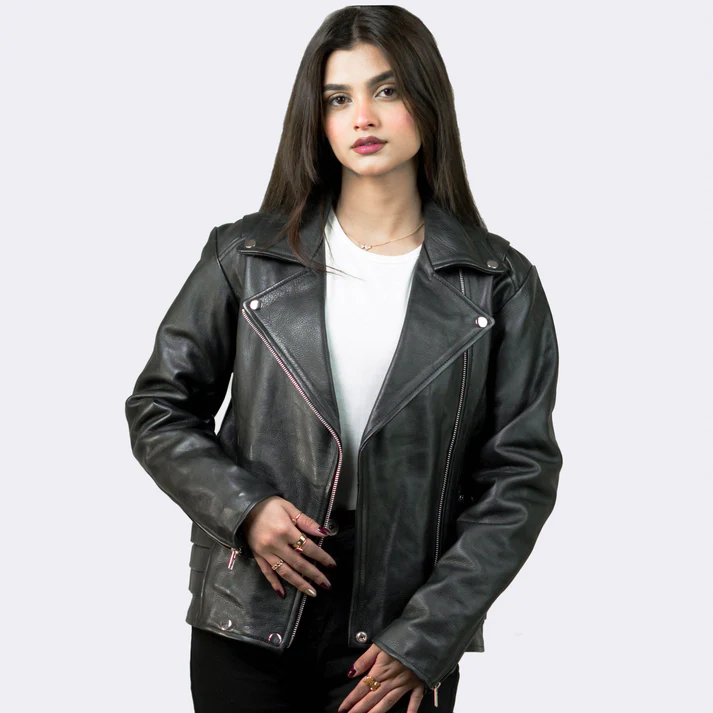 Women Tall Black Leather Biker Jacket With Notch Collar