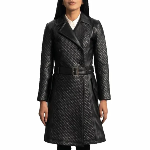 Womens Stylish Black Leather Quilted Trench Coat