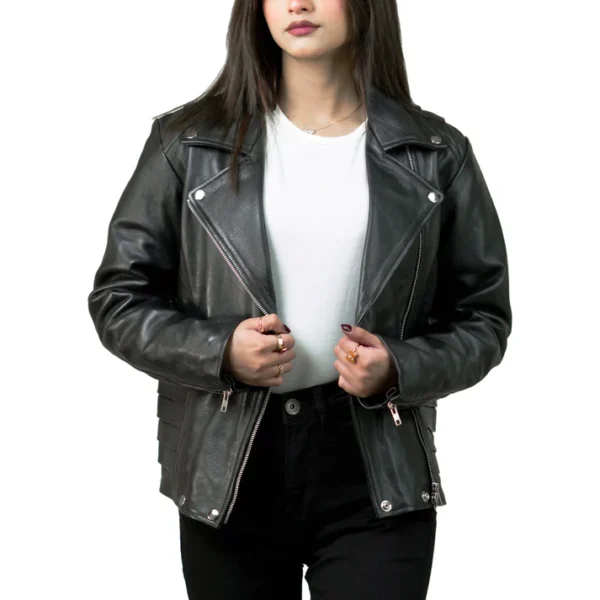 Women Tall Black Leather Biker Jacket With Notch Collar