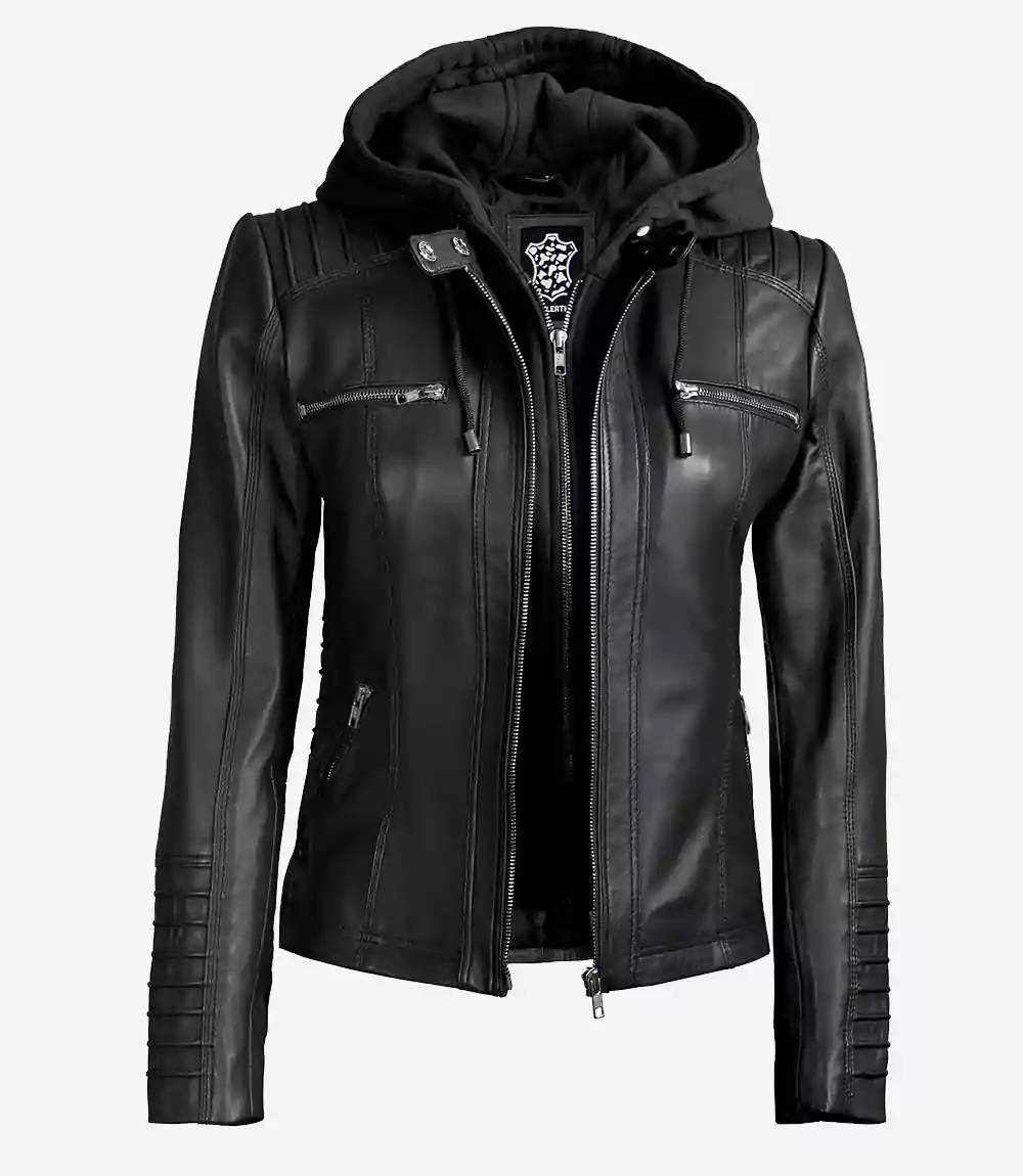 Womens Tall Black Leather Jacket With Removable Hood