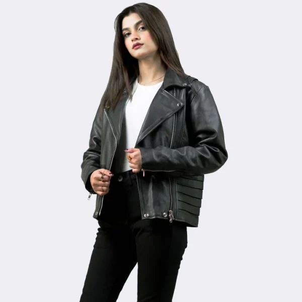 Women Tall Black Leather Biker Jacket With Notch Collar