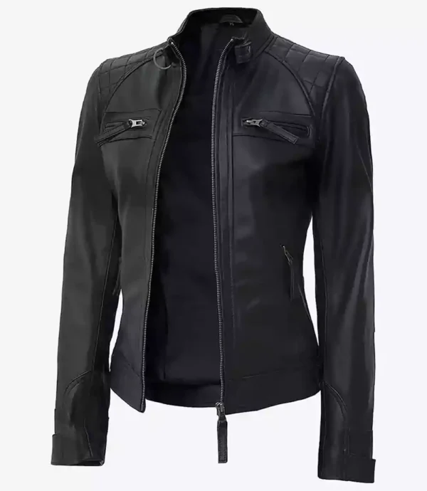 Women Tall Black Quilted Cafe Racer Leather Jacket