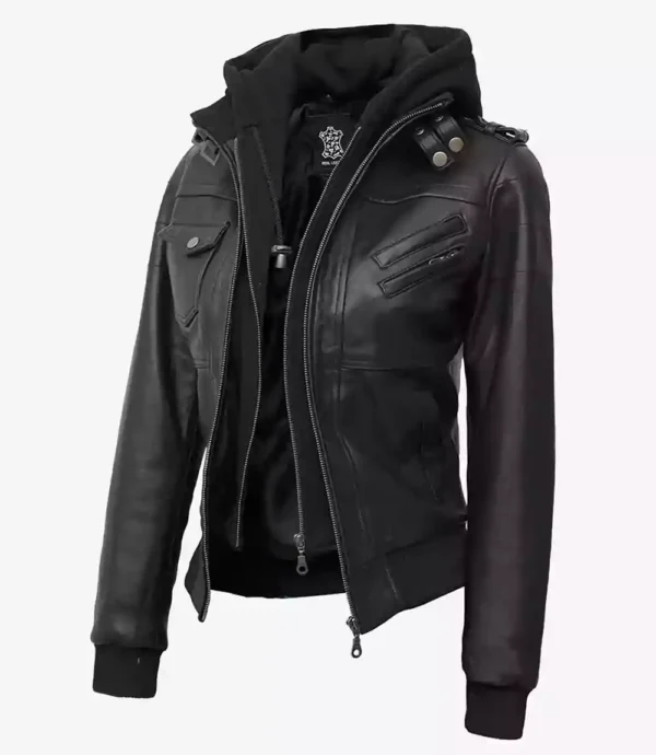 Womens Tall Bomber Black Leather Jacket With Hood