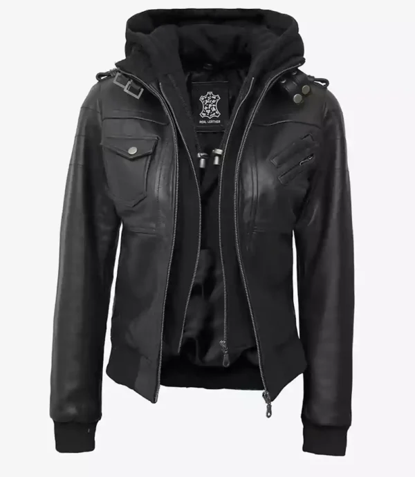 Womens Tall Bomber Black Leather Jacket With Hood