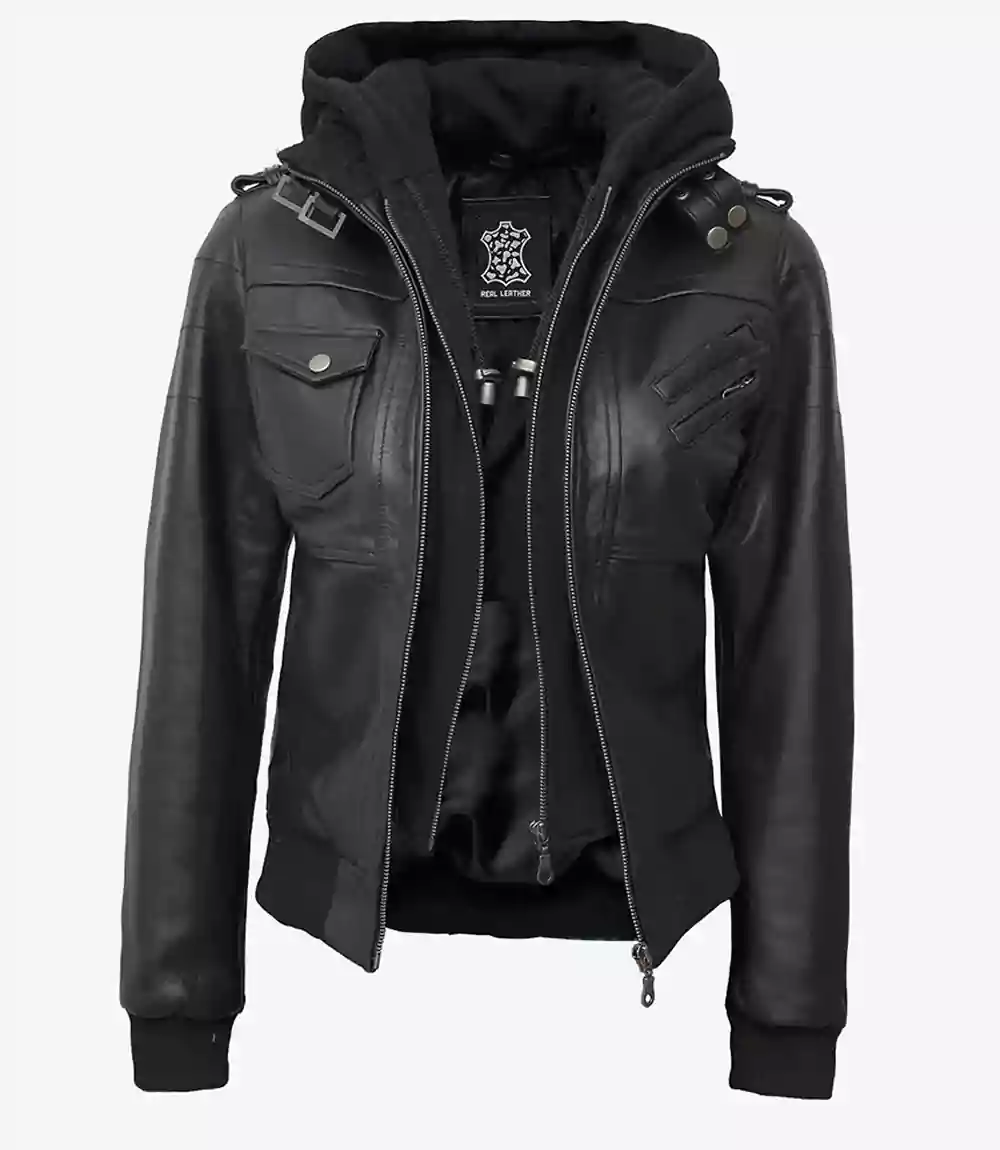 Womens Tall Bomber Black Leather Jacket With Hood