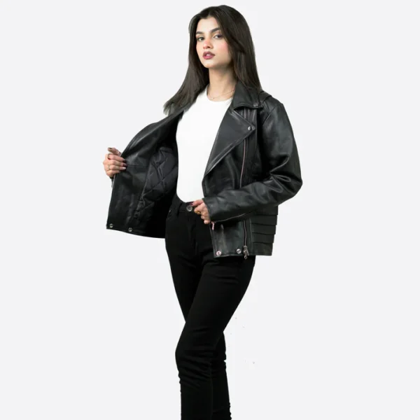 Women Tall Black Leather Biker Jacket With Notch Collar