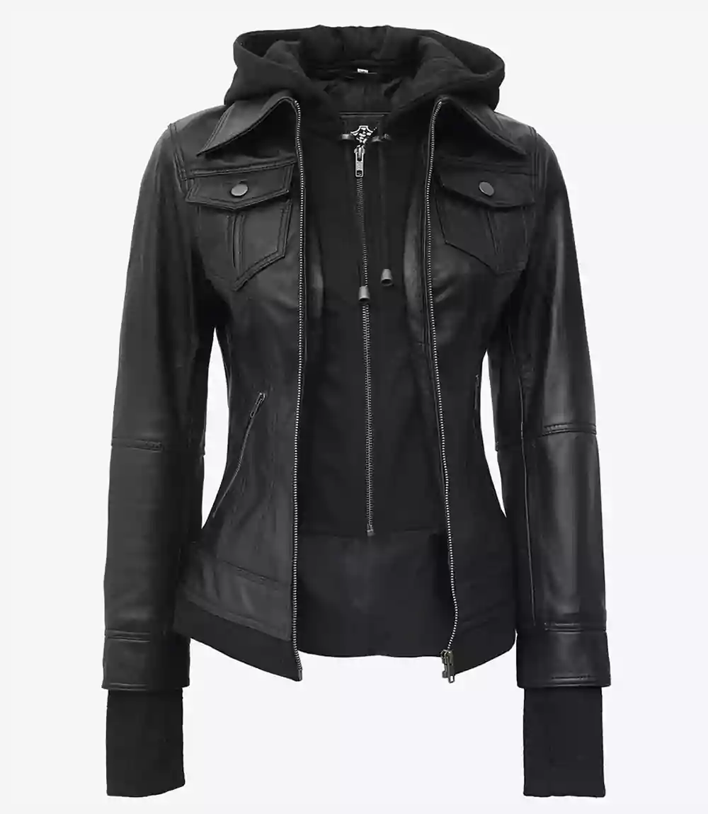 Women Tall Black Leather Jacket With Removable Hood