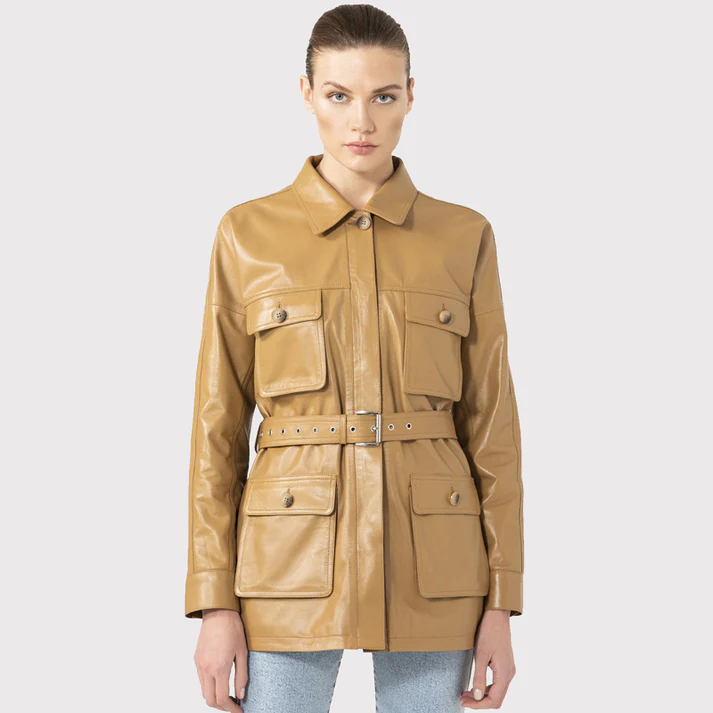 Womens Tan Leather Belted Style Coat