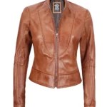 Womens Cafe Racer Tan Tall Leather Jacket