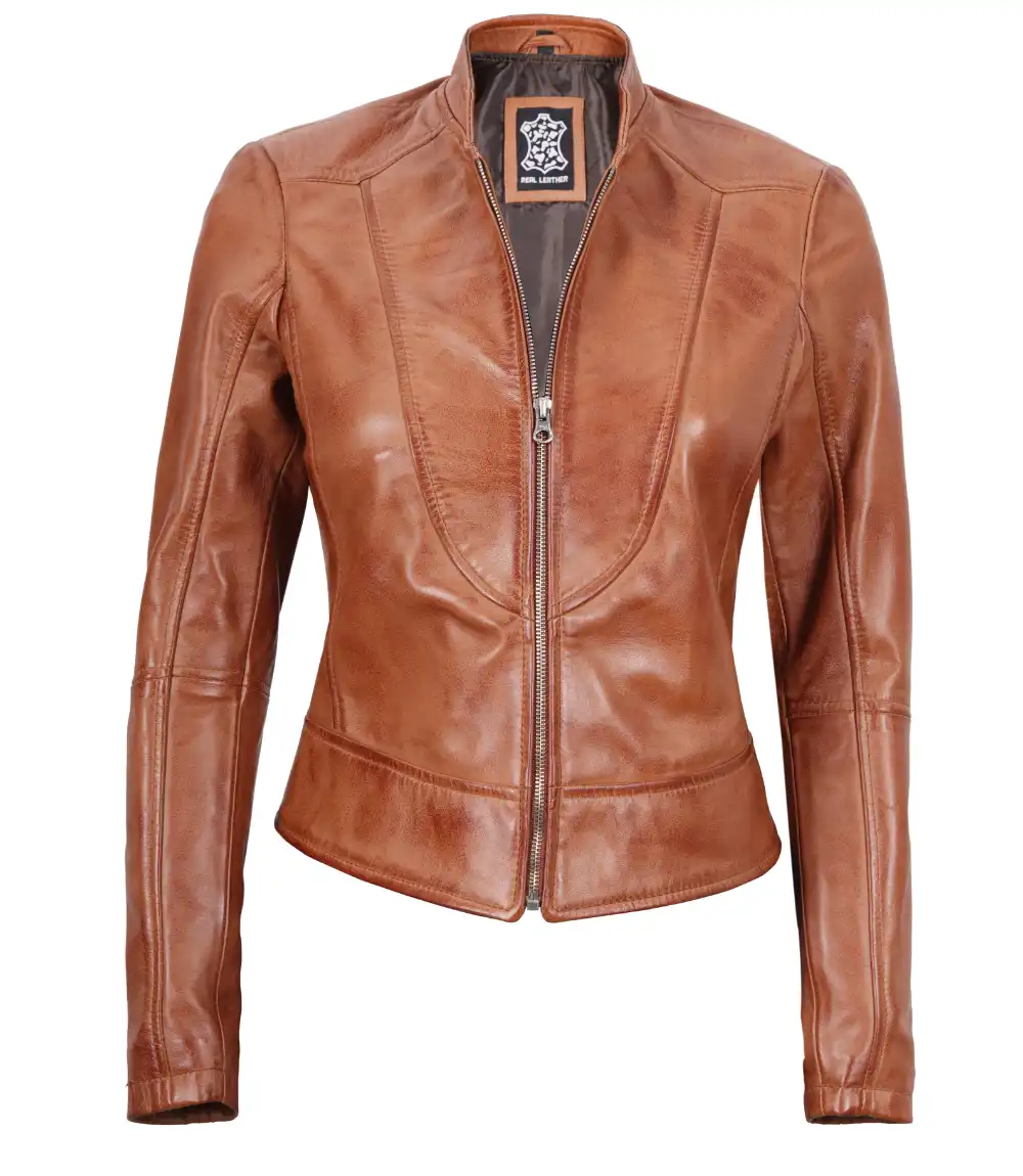 Womens Cafe Racer Tan Tall Leather Jacket