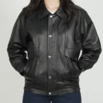Womens Black Oversized Bomber Leather Jacket