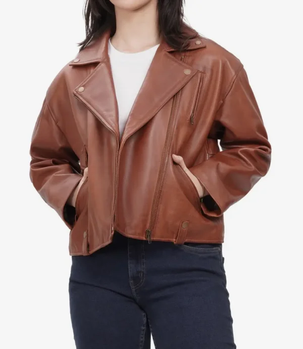 Women's Cognac Oversized Moto Leather Jacket