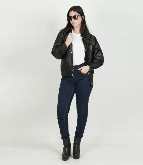 Womens Black Oversized Bomber Leather Jacket