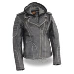 Black Leather Rub Off with Hoodie Women Leather Jacket