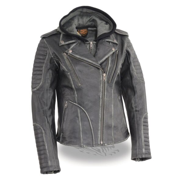 Women’s black leather jacket with hoodie