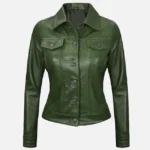 Womens Green Leather Trucker Jacket