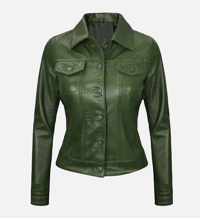 Womens Green Leather Trucker Jacket