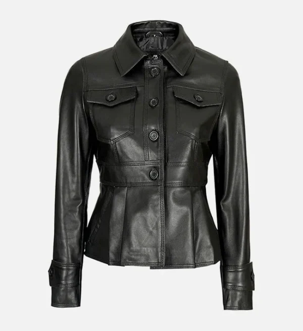 Black Leather Trucker Jacket for Women