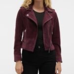 Maroon Suede Biker Leather Jacket for Women