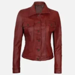 Red Leather Trucker Jacket for Women