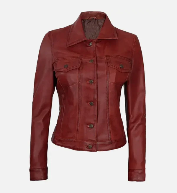 Red Leather Trucker Jacket for Women