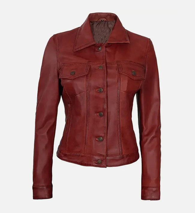 Red Leather Trucker Jacket for Women