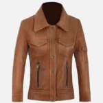 Tan Leather Trucker Jacket for Women